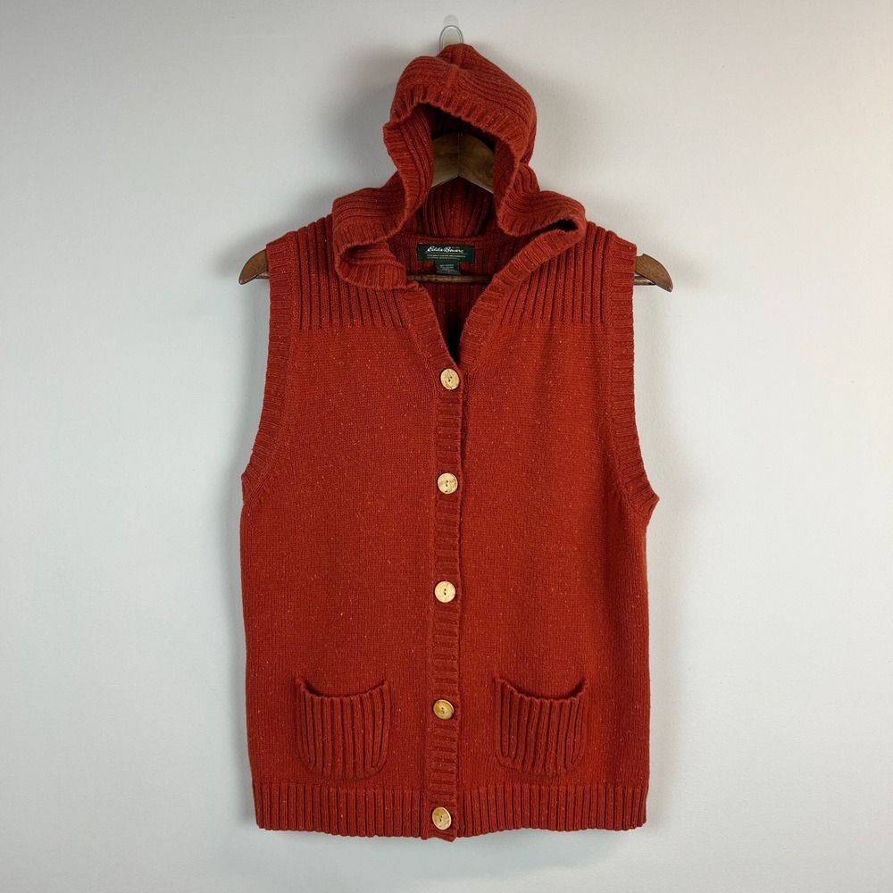 Eddie Bauer Sweater Vest Womens Large Orange Knit Button Up Hooded Fall Winter L
